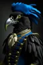 Placeholder: half parrot half human in a black 1700s military uniform with blue feathers with a cape