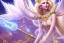 Placeholder: beautiful, very soft, big smiling, very straight and long blonde hair, dewy and shiny vibe, diamond crown, long fairy wings in the back, soft and young full head, golden veil clothes,big smiling smiling, bachground lights pink and blue