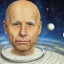 Placeholder: portrait of a bodyless elderly bald head floating in space, surrounded by white orbs