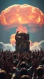 Placeholder: A field of random people rising hands up in a bright lighting , at the end of the picture sitting a huge king with a crown on a big throne saluting the public background with a huge nuke explosion behind the king .