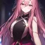 Placeholder: Clear focus,8k,Beatiful Lighting,Beatiful Blur,Beatiful Face,Beatiful Shading,Crimson long hair,silky hair, long silky bangs, pink eyes, wearing a detailed outfit outfit,must wear a short black skirt, Hair in eyes, lot of hair,One arm is sleeveless,Extreme Close Up