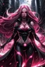 Placeholder: super hero woman, big body, good body, good ass, pink long hair, lighting plasma on hands and eyes, black and silver costume, rude mode, cape, splashed for blood, high quality details, intrincate details, street and moon background.