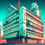 Placeholder: cyberpunk retro futuristic hospital building with cross sign for comics