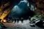 Placeholder: [high res photo from the Lord of The Ring movie (JRR Tolkien)] the entry of a cave in the mountain, during the night, three orc warriors are guarding the entrance facing the camera, observed from behind a rock