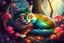 Placeholder: A rainbow-colored cat with golden and teal eyes resting in a magical forest, surrounded by glowing mushrooms, neon vines, and fragmented light. The background is dreamy and surreal. --v 7 --style raw --ar 4:5 --q 2