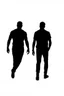 Placeholder: black silhouette of two men, one tall and muscular, the other shorter and thin, walking away from the camera on solid white background