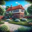 Placeholder: {panoramic, wide angle, a small villa with bricks, duplex house, nestled at the edge of a garden with apple trees, and aromatic herbs. Cinema 4d, matte painting, polished, beautiful, colorful, intricate, eldritch, ethereal, vibrant, surrealism, surrealism, vray, nvdia ray tracing, cryengine, magical, 4k, 8k, masterpiece, crystal, happy mood. Green. afternoon.