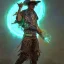 Placeholder: Insanely detailed photograph of an “ a midevil cowboy warrior "with worn Sombrero, handsome charo,cigar,glowing bluish green orb in outstretched hand, hyperdetailed painting by Ismail Inceoglu Huang Guangjian and Dan Witz CGSociety ZBrush Central fantasy art album cover art,8K, hdr, mysterious, flickeringlights ,Stoic