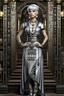 Placeholder: Creation: full body and headshot of a skinny Cleopatra, with a silver bob hairstyle, standing in a steampunk setting.