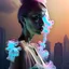 Placeholder: smoke plume, smog, city scape with pollution, woman, double exposure photography, colourful nature, clean sharp focus, on white background, Fractal Geometry buildings, sacred geometry