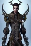 Placeholder: male quadriplegic evil black elf wearing a steampunk exoskeleton powered by gears, in fantasy style