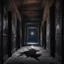 Placeholder: Hyper Realistic transparent black ghost between a huge dark hallway of a historical Indian palace with peeling wall paints at night