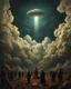 Placeholder: Bosch painting style, nightmare , people in hell , dramatic, great quality picture with cinematic scenes , show a UFO among the heavy clouds in the background
