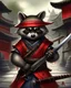 Placeholder: raccoon as a samurai, realistic, 2 katanas, city, red straw Hat