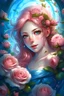 Placeholder: bright fairy, rose hair, etheric, blue eyes, roses, princess