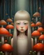 Placeholder: Painting in art style of Nicoletta Ceccoli, Daria Petrilli and Anton Semenov, minimalist style. Painting of the beautiful girl surrounded by the mushrooms in the forest.
