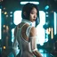 Placeholder: Mysterious youthful Filipino female cyberpunk spy, white fishnet, white fishnet sleeves, white bodysuit, cyberpunk style, video game character