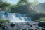 Placeholder: Sunny day, Epic waterfall landscape, rocks foreground