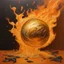 Placeholder: Hyper Realistic Golden-oil-paint on orange-background with burning-embers on it