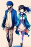 Placeholder: anime couple, walking , colorful, man with salt and pepper beard and woman with dark hair and blue eyes
