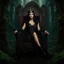 Placeholder: Morena Baccarin as a beautiful sexy dark elf queen seated elegantly on a throne in a mystical forest, dark celtic vignette frame, photo-realistic, cinematic lighting, award-winning photography