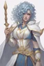 Placeholder: A muscular and strong female half-elf twilight cleric in a silver robe with blue curly hair and golden eyes