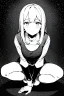 Placeholder: little blonde girl crouched down., grayscale