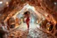 Placeholder: make a video pretty crystal cave covered with jewells and CIFI jewell lights and miniature city buildings and miniature people and streets, a beautiful fashion model lady with cute,curvy hair,makeup, in pretty sports suit is running inside cave ,dynamic camera fallow her inside cave capturing full body, dynamic lights.