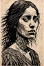 Placeholder: create a deeply powerful tragic, heart wrenching, and evocative, full body woodcut of a raw and weathered raven maiden girl with highly detailed and deeply cut facial features, in the style of KATHE KOLLWITZ , searing lines and forceful strokes