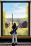 Placeholder: Rear view of a long haired woman carrying her guitar case over her shoulder standing at the front window of a train looking out at the tracks tracks. sharp focus, hyper-realistic, country -western, masterpiece, museum quality, pretty face, emotional, symmetrical features, Fibonacci golden ratio