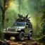 Placeholder: vietnam war. war report. jeep in jungle. poster. bokeh. lens flare. warm lights. high detailed