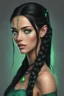 Placeholder: Young beautiful female Hexblood. Lightly tanned skin. Long silky jet-black hair styled in elegant half braids, the rest flowing straight down her back. Bright glowing pale emerald-green eyes. Delicate facial features, full lips, high cheekbones and a soft mischievous smile. Subtle dark vine-like markings trail across her neck and collarbone, hinting at ancient magic. Ethereal beauty with a mysterious aura. Realistic dark fantasy, cinematic lighting, highly detailed, elegant, captivating, subtle