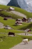 Placeholder: Brown and white cows walking on a path in the alps, Austria, green grass, hyper realistic, detailed, accurate, beautifully ornamented houses, open aperture, style Isabel Kreitz