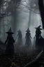 Placeholder: Spooky “misty spirits” in dark forest with witches.