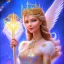 Placeholder: Flower angel, beautiful smiling furry young woman holding scepter, long hair amazing blue eyes, happy cosmic, bright colors, blue, pink, gold, jewels, realistic, photo real, clear godly background, highly detailed, high contrast, 8k high definition, unreal engine 5, extremely sharp detail, light effect, sunny light background