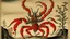 Placeholder: An orangish red fire elemental scorpion designed in Javanese shadow puppets painted by Utagawa Hiroshige