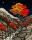 Placeholder: Autumn colors, peaceful, Egon Schiele, Max Ernst, night sky filled with galaxies and stars, rocks, trees, flowers, one-line drawing, sharp focus, 8k, deep 3d field, intricate, ornate, one million strokes