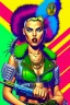 Placeholder: Digital illustration of comic book style cartooned Tank girl giving the middle finger, giant green military tank behind her, color pencils, ink, counter culture, dystopian, retro futuris. 90s riot girl look, punk aesthetics, collage, psychedelic, grime, textured, mixed media with a british pop culture influence, maximalism, feminist icon,