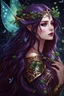 Placeholder: Burgundy hair, dark hair,purple, rapunzel hair,very long hair,dark fairy princess,elven crown,night,dragonflies,beautiful,ong ashes,golden armor ,sparkle,night blooming,ivy,dark green,lilly of valley,golden elven crown