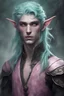 Placeholder: mint hair, pink eyes, pale, dark background, fog, elf, fantasy, male, soft facial features
