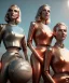 Placeholder: Ultra Realistic retro sci-fi movie scene, 1960 year, waist up view portrait, 3 clones blonde women, sweet young uma Thurman face, perfect iris, glow eyes, face makeup. Mars and martians background, Retro sci-fi style, helmet, tight latex coat, fog, rain, soft color, highly detailed, unreal engine 5, ray tracing, RTX, lumen lighting, ultra detail, volumetric lighting, 3d, finely drawn, high definition, high resolution.