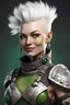 Placeholder: female scifi space pirate dwarf short white hair is styled into a mohawk with intricate patterns shaved into the sides. The image she portrays is very typical of a dwarf - short and muscular with square features - however she always has a mischievous smile upon her face, accentuated by her vibrant green eyes. She has fair skin with many freckles dotted across her cheeks and arms.