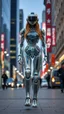 Placeholder: a photoshoot view fullbody all to feet beautifull Russian Supermodel long hair having humanoid body robot transparent visible glass shiny explore inside details machines mechanical parts,walking city street