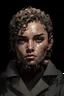 Placeholder: Portrait of a young female with short curly hair, horn on her forehead, and make it distinctive. Include gray eyes, with a tan skin complexion. Draw the portrait in the style of Yoji Shinkawa.