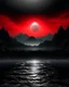 Placeholder: ocean and red sun, mountainous landscape, dark silver and black tones, sci-fi influenced, photo-realistic landscapes, symmetrical