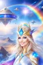 Placeholder: cosmic woman smile, admiral from the future, one fine whole face, crystalline skin, expressive blue eyes,rainbow, smiling lips, very nice smile, costume pleiadian, Beautiful tall woman pleiadian Galactic commander, ship, perfect datailed golden galactic suit, high rank, long blond hair, hand whit five perfect detailed finger, amazing big blue eyes, smilling mouth, high drfinition lips, cosmic happiness, bright colors, blue, pink, gold, jewels, realist, high,rainbow commander, intergalactic ufos