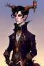 Placeholder: Young tiefling nobleman alchemist with black hair horns and large reptilian tail steampunk jewelry and potion bottles in the style of Charles Addams