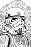 Placeholder: evolve diagram on right. keep stormtroooper facing stright forwards.coloring book style with storm trooper wearing a classic Mexican sombrero on clear white background