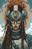 Placeholder: front facing portrait illustration of a grunge armored female , beaded dreadlock hair, vampire mercenary wearing an ancient ornate japanese kitsune mask , and shemagh, highly detailed with gritty post apocalyptic textures, caught in a cosmic maelstrom of swirling gases , finely detailed facial features and hair, in the graphic novel style of Bill Sienkiewicz, and Jean Giraud Moebius, ink wash and watercolor with realistic light and shadow