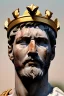 Placeholder: Ultra Realistic image, Roman sculpture, white marble material, Lionel Messi, gold Laurel leaves wreath, god crown, baroque ornaments, one gold star in heart, sun ornament, sun rays background, chisel style, waist up portrait, emperor style, epic, celestial, cinematic lighting, God light, god rays, 4k resolution, smooth details, ornate details, soft lighting, unreal engine 5, art station, substance 3d.